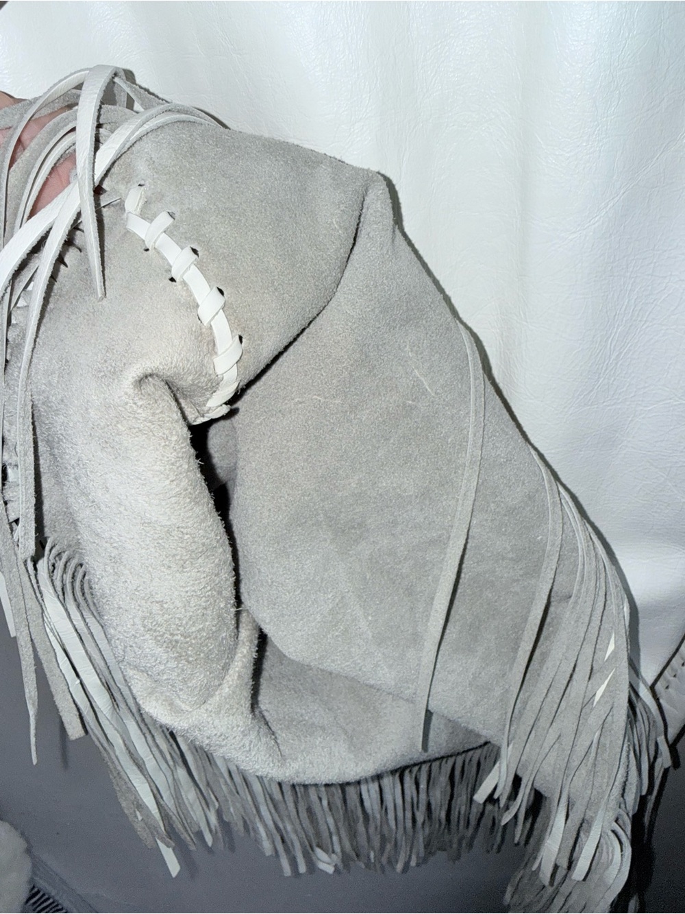White Fringe Leather Dress with Floral Beadwork Size 10 Native - Picture 9 of 12